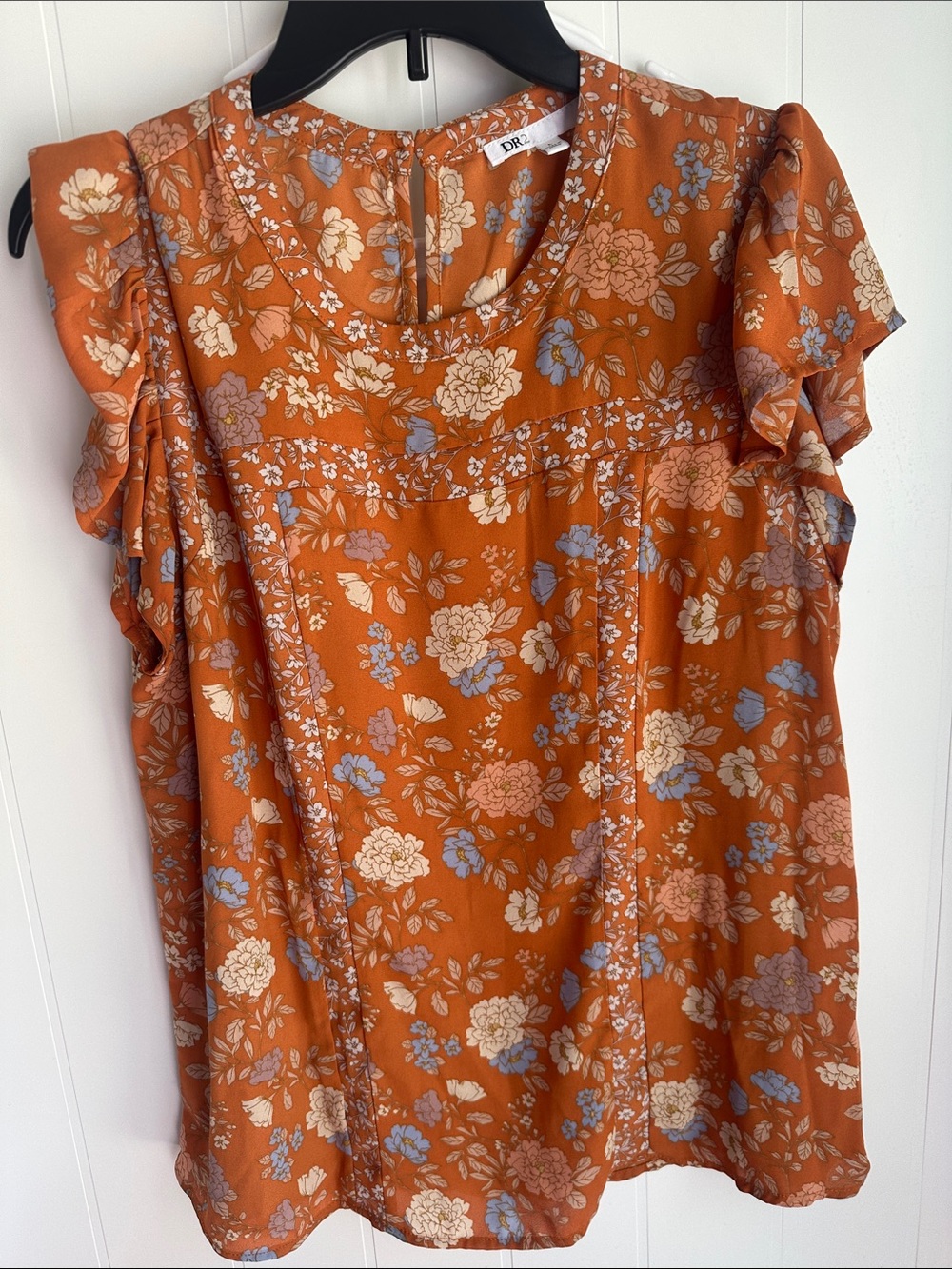 DR2 Burnt Orange Floral Ruffle Sleeve Blouse